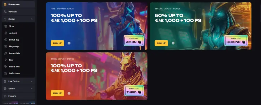 Amonbet casino registration interface and slot game preview